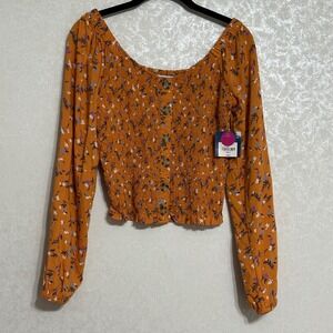 Arizona Jean Co NWT Orange Floral Print Long Sleeve Shirred Crop Top Button Up S